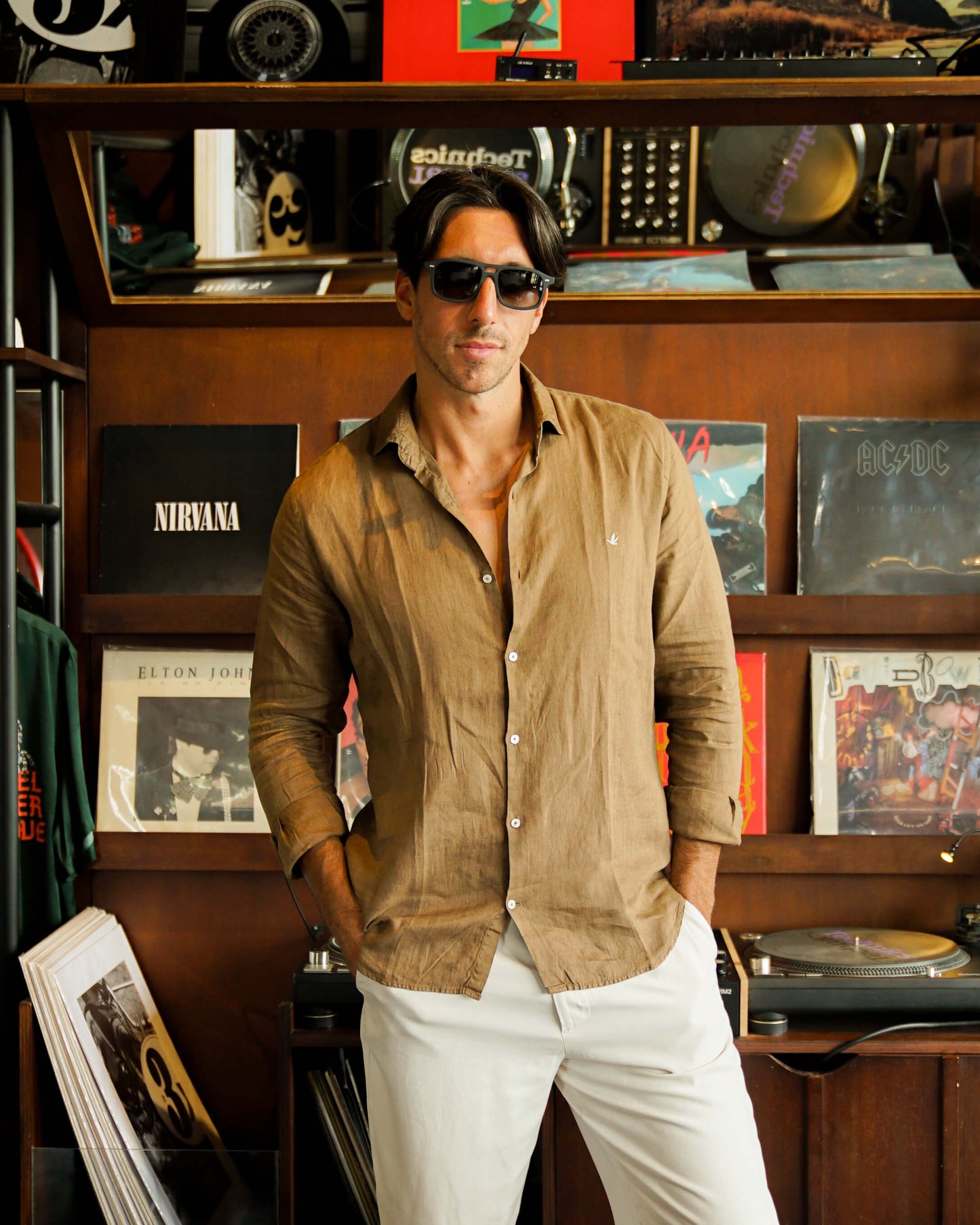 man wearing handmade aviator glasses olive frame – Java Joy – Maison Mata
