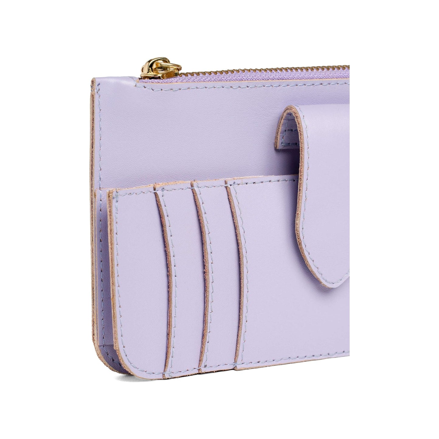 Three-quarter view of the Maison Mata lilac leather wallet showing the zip and card pockets