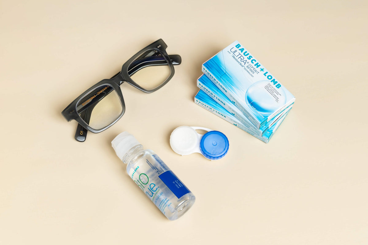 Contact lenses displayed alongside Maison Mata eyewear at the brand's optician boutique in Bali