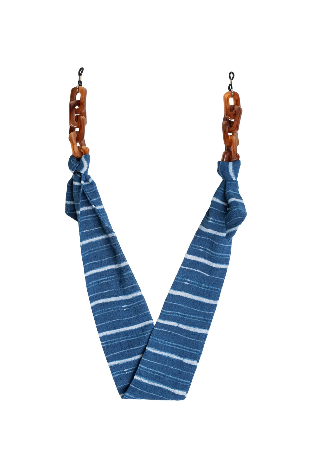 Maison Mata Maha Indigo Stripe glasses chain in batik cotton dyed in Java, assembled in Bali, hanging view