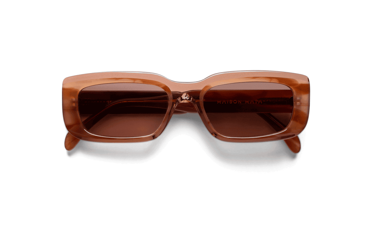 Maison Mata Stone translucent brown acetate rectangular sunglasses, three-quarter view with brown lenses