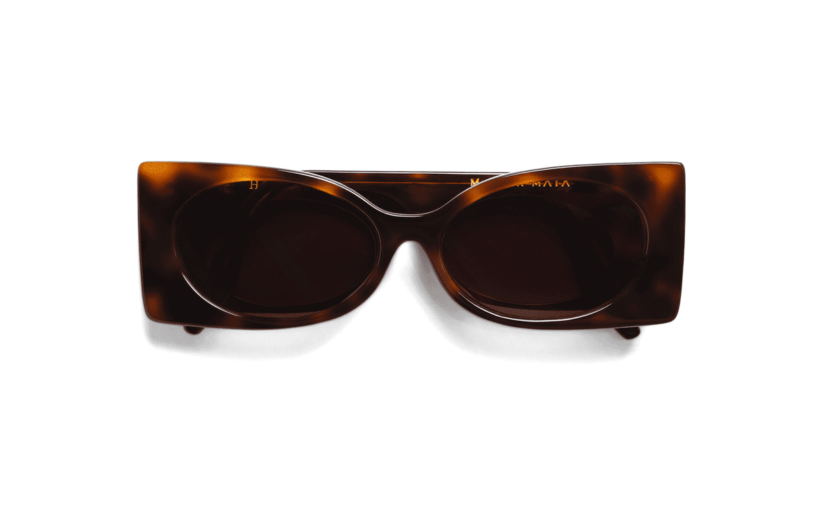 Maison Mata Velvet hammer tortoiseshell acetate rectangular sunglasses, three-quarter view with brown lenses