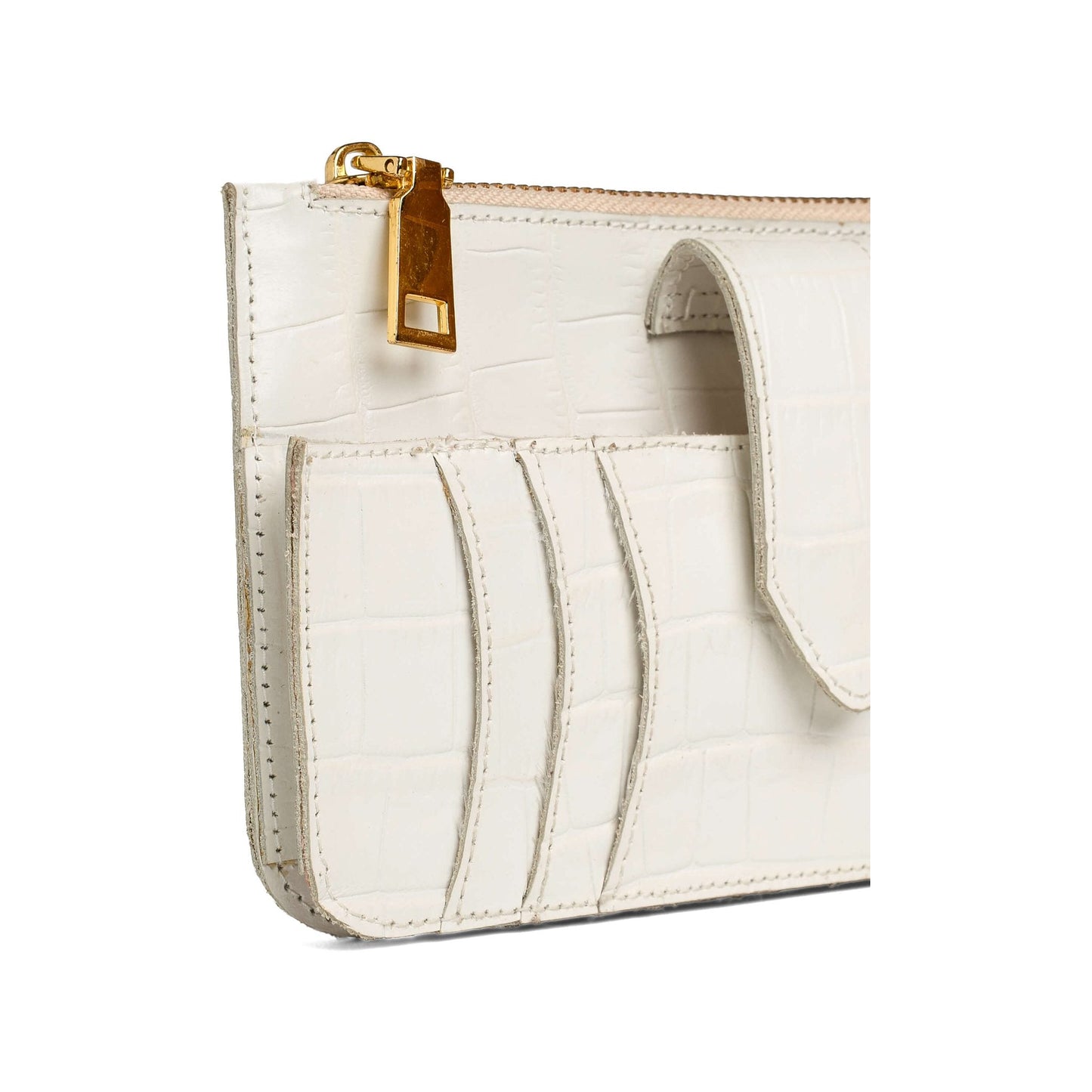 Three-quarter view of the Maison Mata white croco leather wallet showing the zip and card pockets