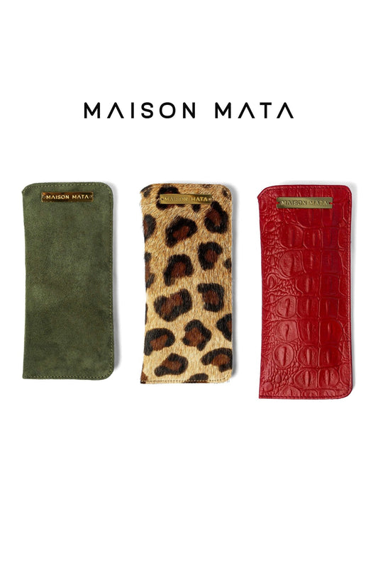 Three Maison Mata leather glasses softcases: olive suede, leopard hair-on hide and red croco-embossed leather