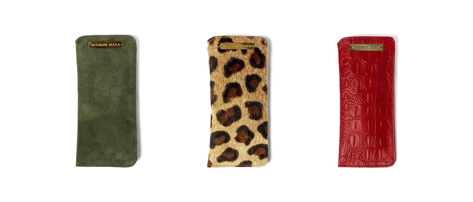 Tres fundas blandas para gafas en distintos materiales — accesorios de eyewear Maison Mata, Bali