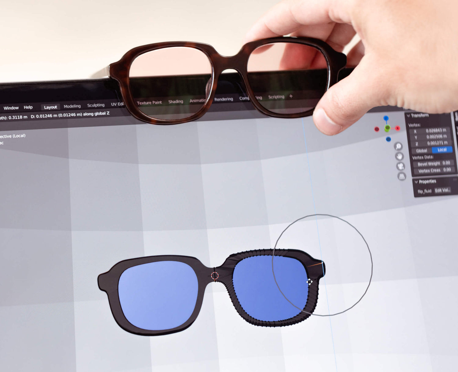 3D design preview of handmade glasses, frame concept modeling before production.