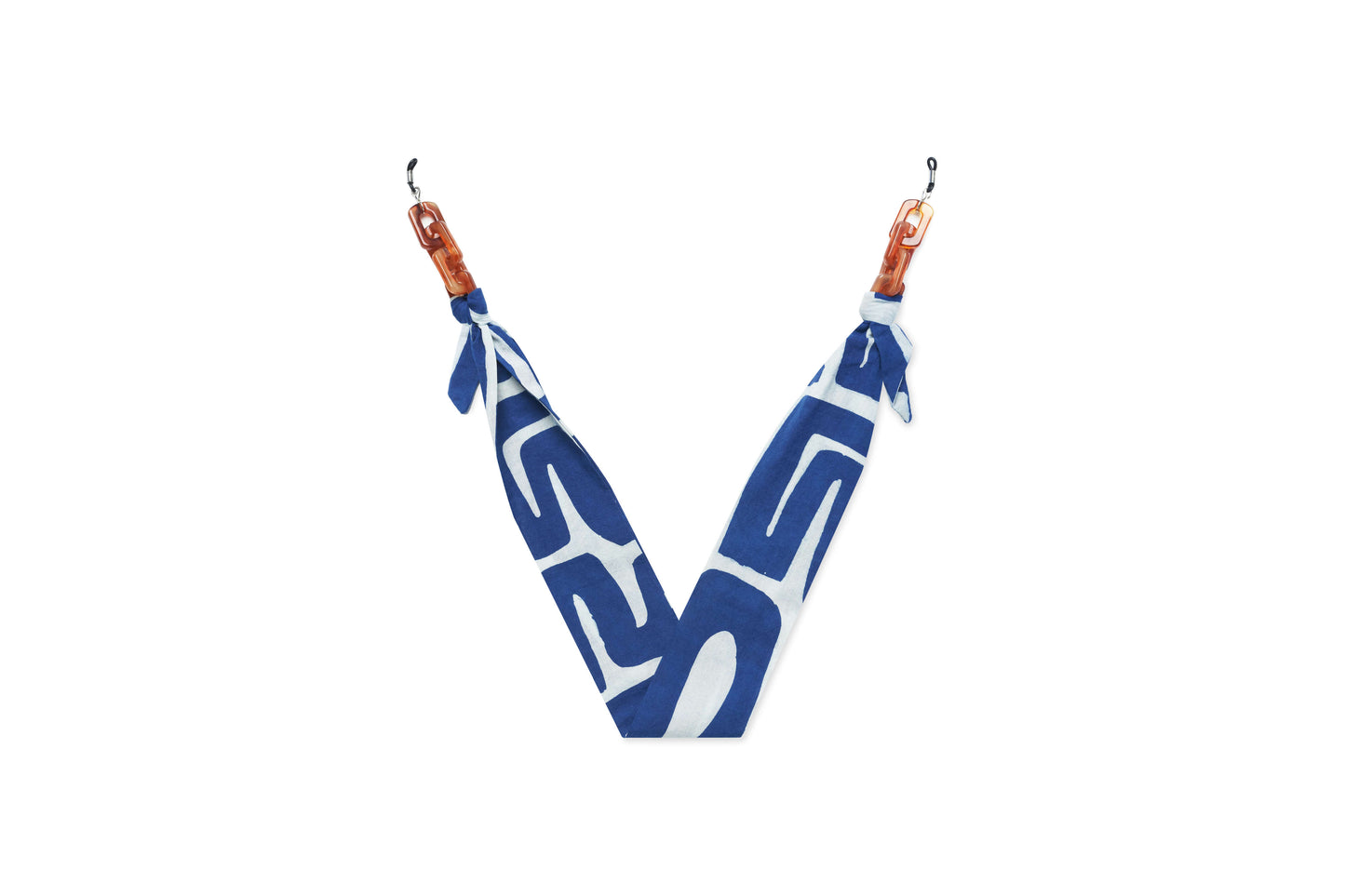 Handmade batik shibori eyeglass chain crafted in Java for Maison Mata optical frames.