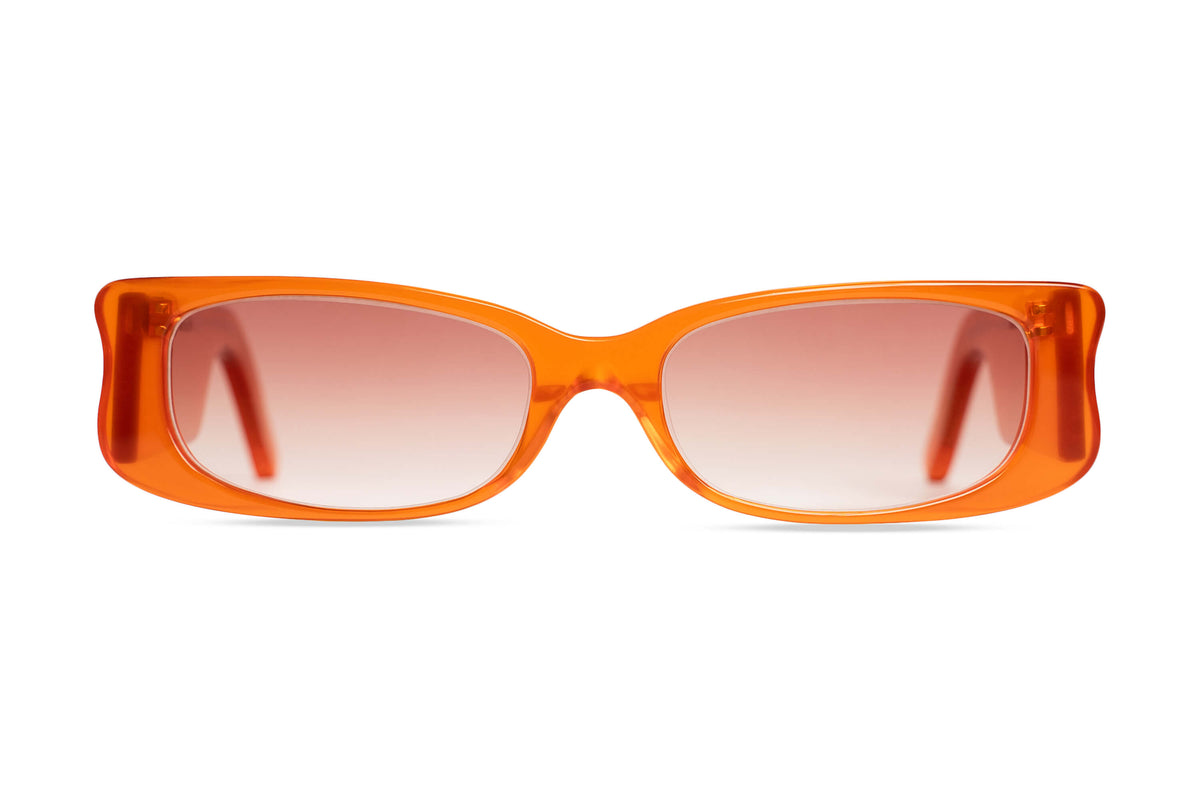 Maison Mata Muse handmade translucent orange acetate rectangular sunglasses, front view with pink gradient lenses