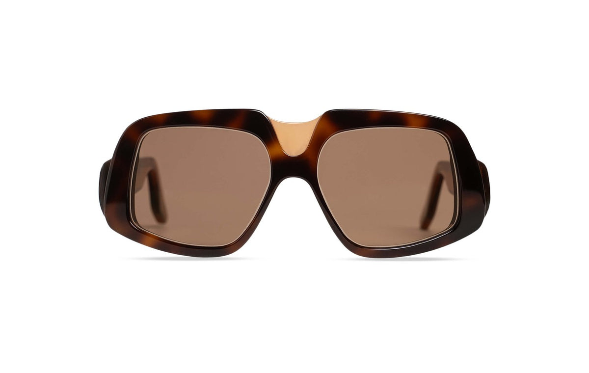Handgefertigte sechseckige Sonnenbrille von Maison Mata Vieux carré aus Havanna-Acetat, Vorderansicht mit braunen Verlaufsgläsern