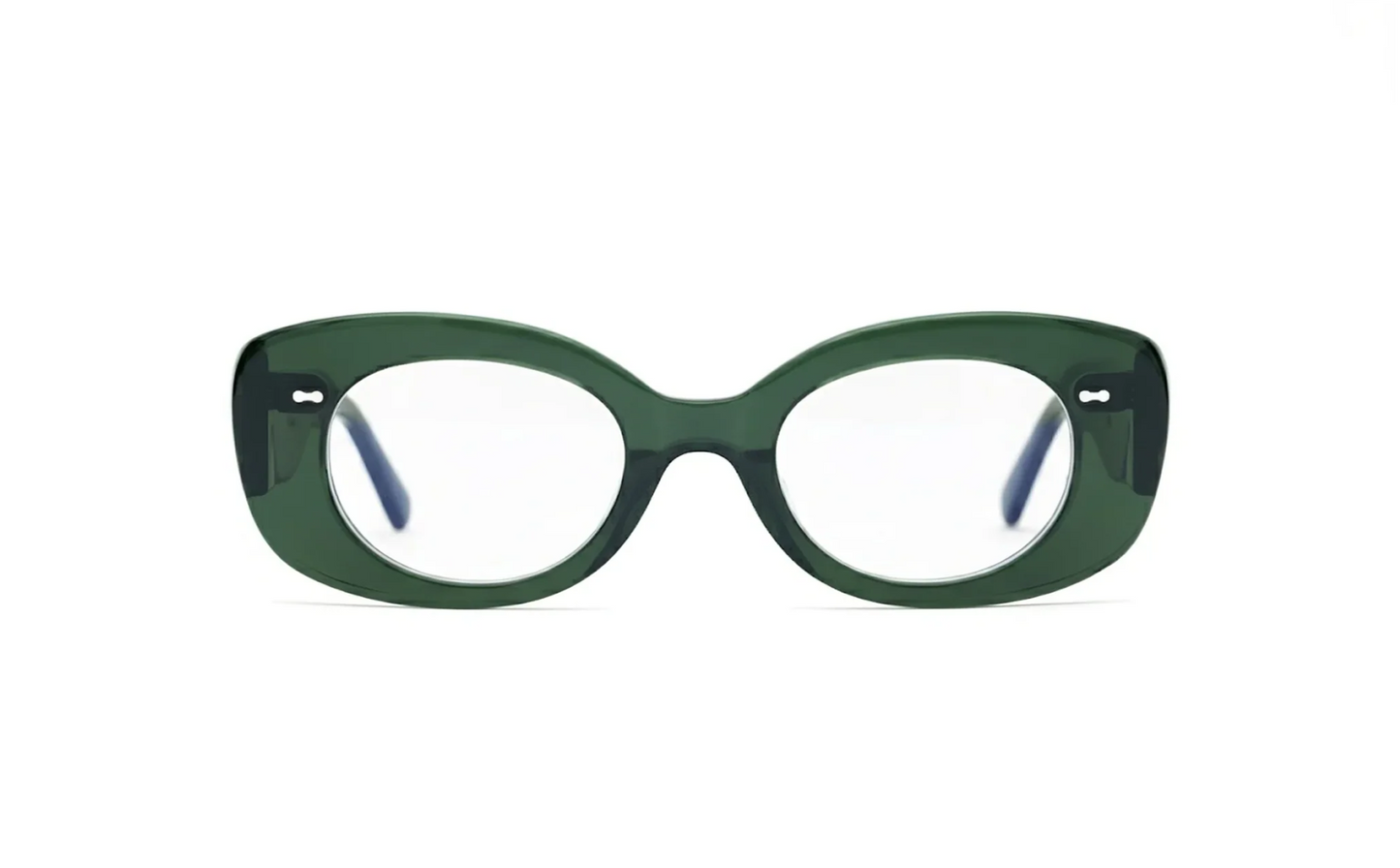 Olive acetate cat-eye optical glasses with blue-light protection crafted by Maison Mata opticians.