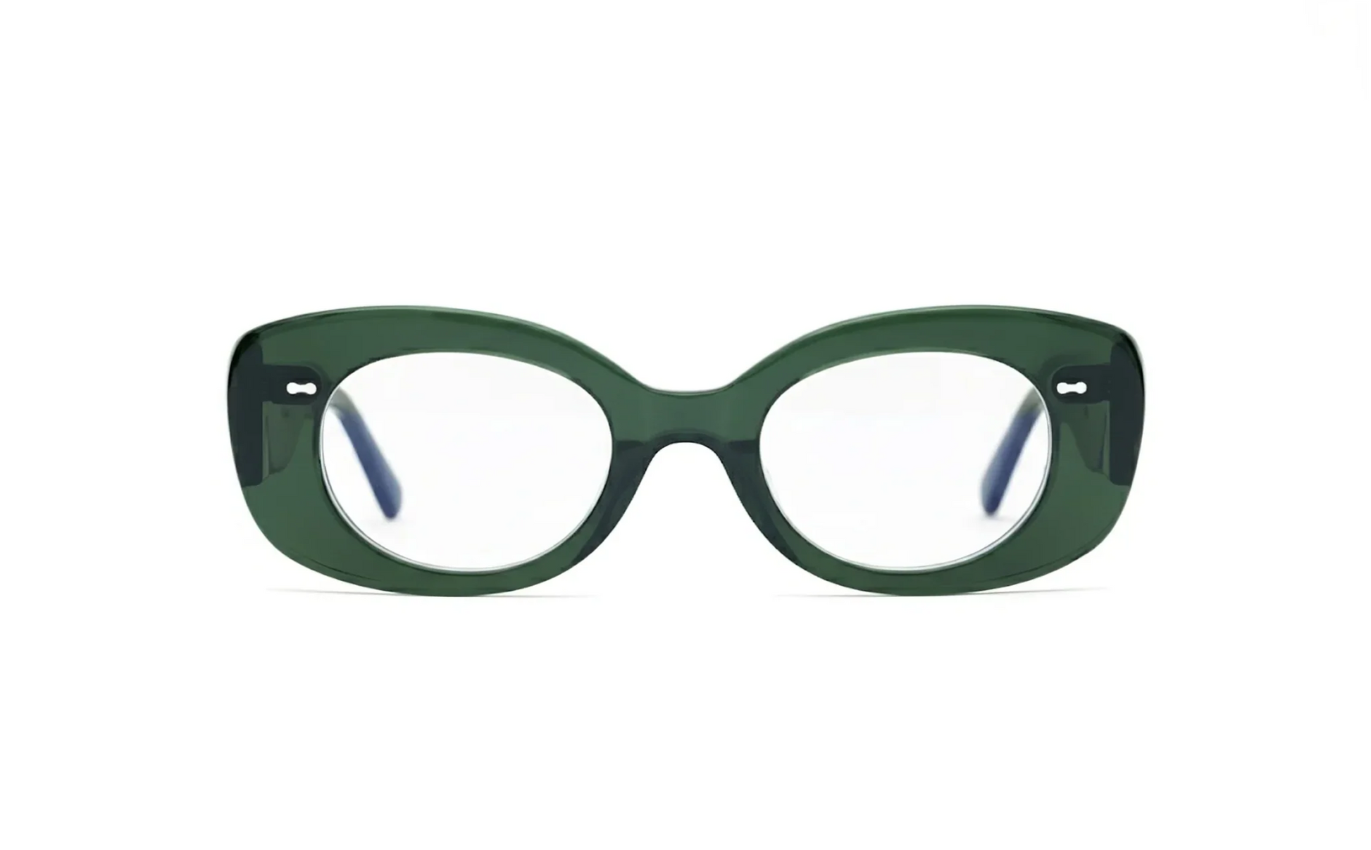 Olive acetate cat-eye optical glasses with blue-light protection crafted by Maison Mata opticians.