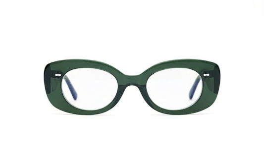 Olive acetate cat-eye optical glasses with blue-light protection crafted by Maison Mata opticians.