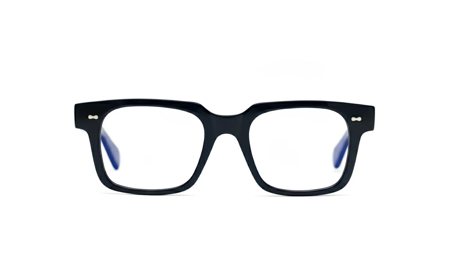 Black square optical glasses with blue-light protection fitted by Maison Mata opticians.