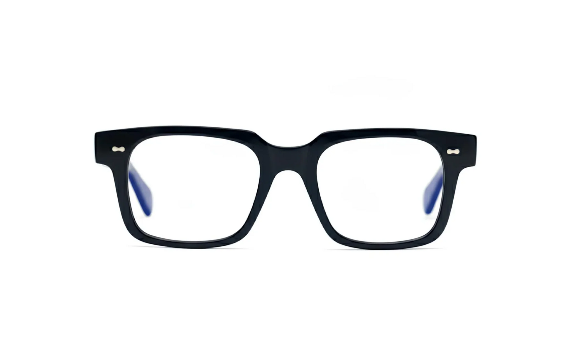 Black square optical glasses with blue-light protection fitted by Maison Mata opticians.