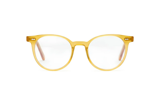 Eyeglasses round honey-colored acetate with blue-light protection fitted by Maison Mata opticians in Uluwatu in Bali.