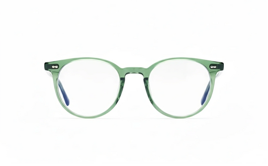 Olive acetate round optical Eyeglasses for men and women with blue-light or anti-reflective protection by Maison Mata.