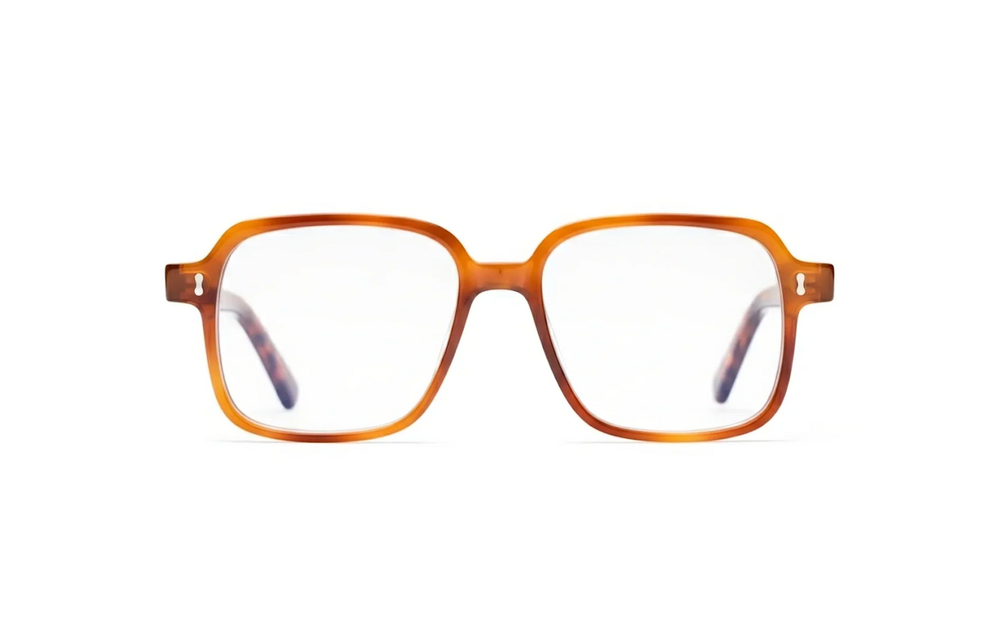 Amber acetate square optical glasses with blue-light protection crafted by Maison Mata.