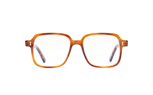 Amber acetate square optical glasses with blue-light protection crafted by Maison Mata.