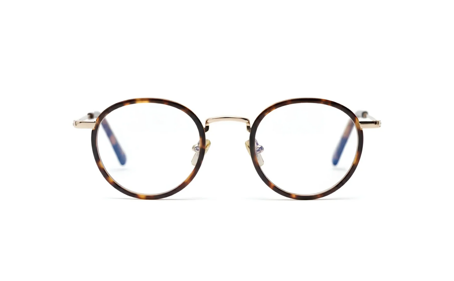 Round acetate and metal eyewear glasses with blue-light protection by Maison Mata opticians.