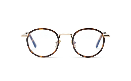 Round acetate and metal eyewear glasses with blue-light protection by Maison Mata opticians.