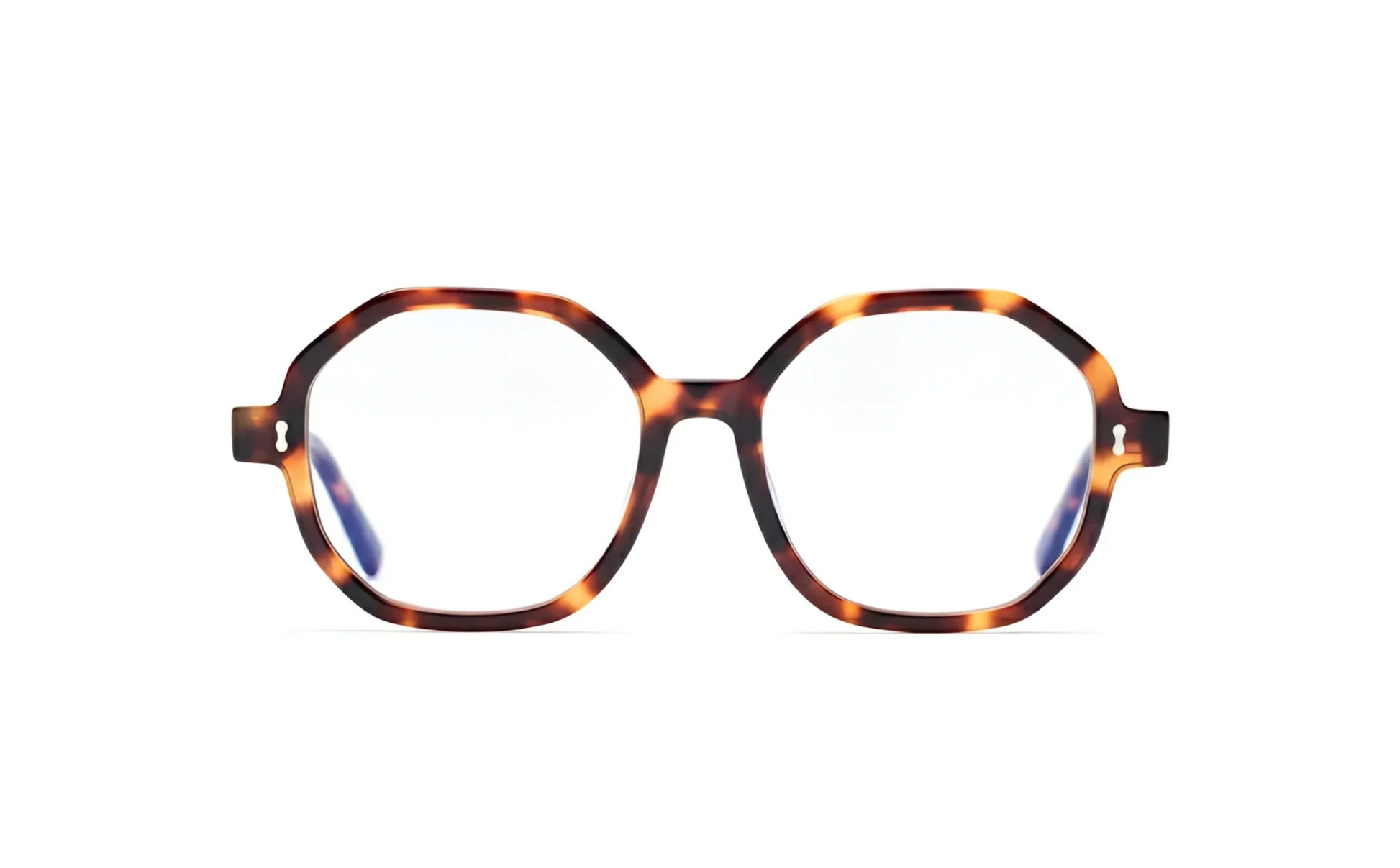 Eyeglasses hexagonal tortoise acetate with blue-light protection from Maison Mata opticians in Sanur Bali.