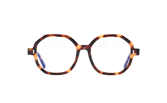 Eyeglasses hexagonal tortoise acetate with blue-light protection from Maison Mata opticians in Sanur Bali.