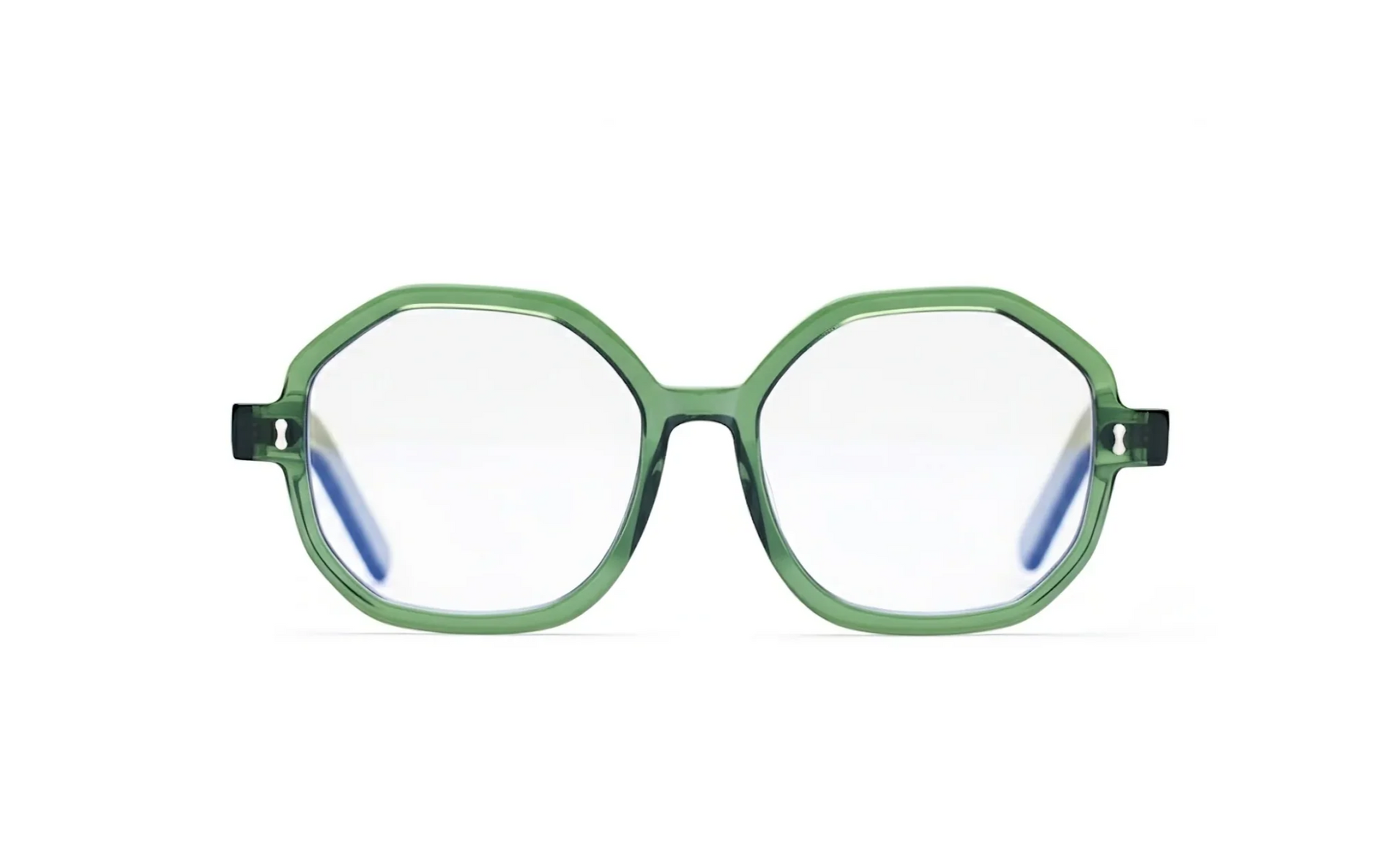 Optical green acetate hexagonal Eyewear with blue-light protection fitted by Maison Mata opticians in Seminyak in Bali.