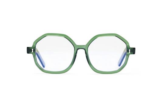 Optical green acetate hexagonal Eyewear with blue-light protection fitted by Maison Mata opticians in Seminyak in Bali.