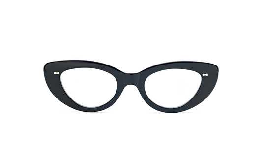 Optical black acetate cat-eye glasses with blue-light protection fitted by Maison Mata optometrists in Uluwatu in Bali.