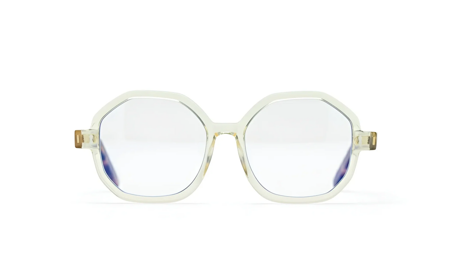 Optical transparent acetate hexagonal Eyeglasses with blue-light protection fitted by Maison Mata opticians in Ubud in Bali.