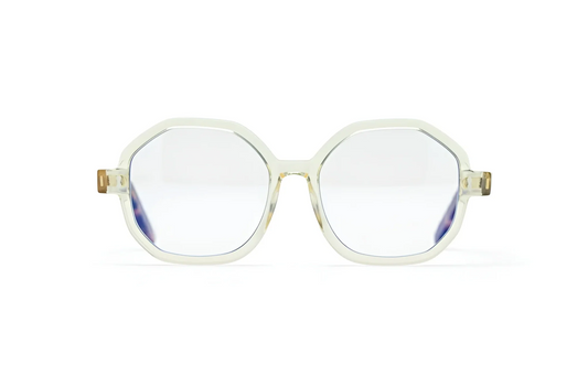 Optical transparent acetate hexagonal Eyeglasses with blue-light protection fitted by Maison Mata opticians in Ubud in Bali.
