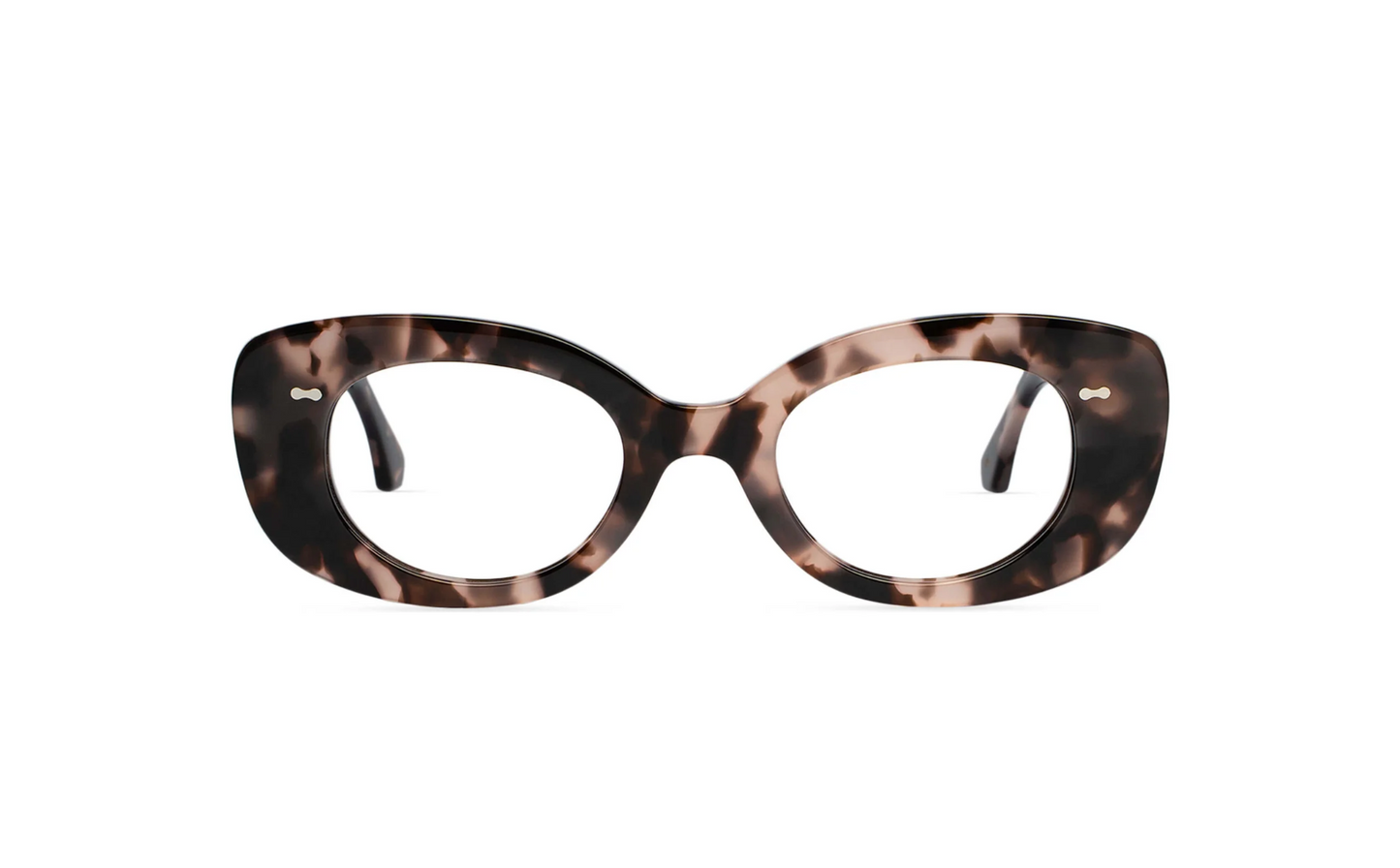 Maison Mata का blush pink tortoise एसीटेट बटरफ्लाई चश्मा, साफ लेंस के साथ फ्रंट व्यू — बाली द्वीप का ऑप्टिकल आईवियर
