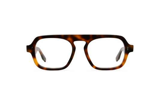 Maison Mata caramel tortoiseshell acetate aviator eyeglasses with double bridge, front view with clear lenses — lunettes de vue aviateur acétate écaille caramel double pont — kacamata optik aviator asetat tortoise karamel — gafas graduadas aviador carey caramelo — Bali optical eyewear