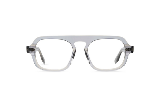 Maison Mata transparent grey acetate aviator eyeglasses with double bridge, front view with clear lenses — lunettes de vue aviateur acétate gris translucide double pont — kacamata optik aviator asetat abu transparan — gafas graduadas aviador gris translúcido — Bali optical eyewear