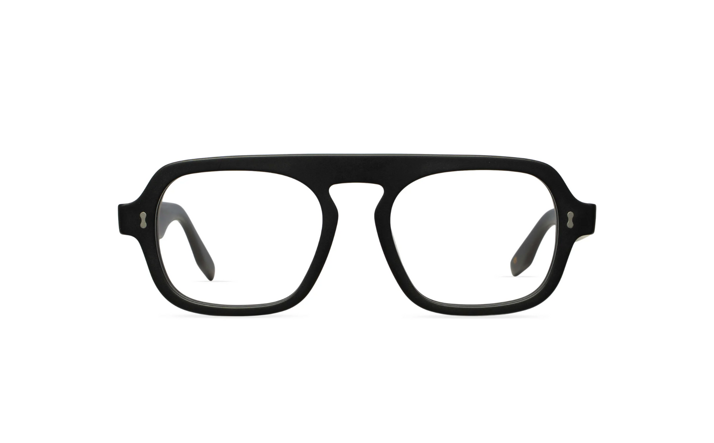 Maison Mata matte black acetate aviator eyeglasses with double bridge, front view with clear lenses — lunettes de vue aviateur acétate noir mat double pont — kacamata optik aviator asetat hitam doff — gafas graduadas aviador negro mate — Bali optical eyewear