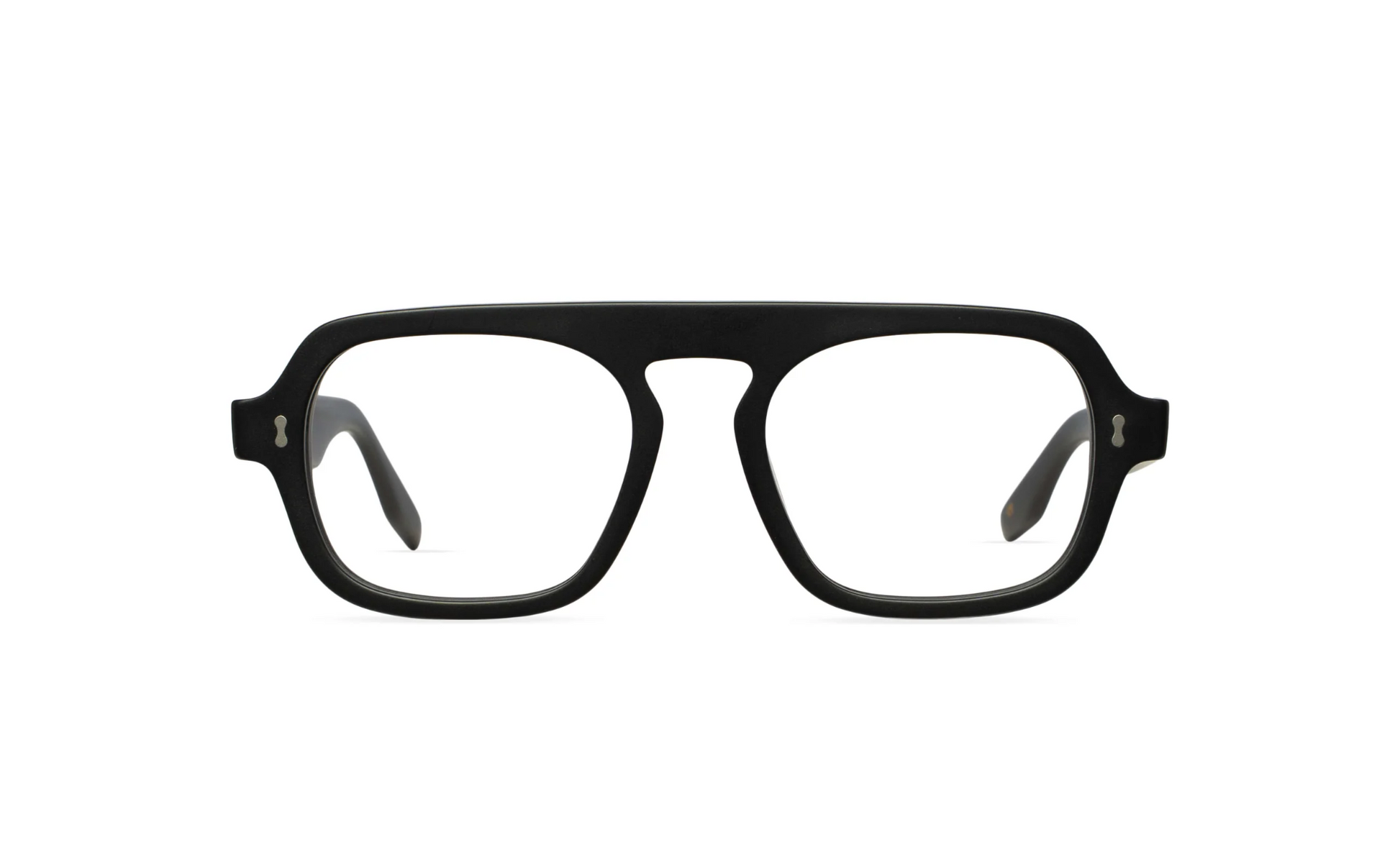 Maison Mata matte black acetate aviator eyeglasses with double bridge, front view with clear lenses — lunettes de vue aviateur acétate noir mat double pont — kacamata optik aviator asetat hitam doff — gafas graduadas aviador negro mate — Bali optical eyewear