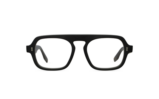 Maison Mata matte black acetate aviator eyeglasses with double bridge, front view with clear lenses — lunettes de vue aviateur acétate noir mat double pont — kacamata optik aviator asetat hitam doff — gafas graduadas aviador negro mate — Bali optical eyewear