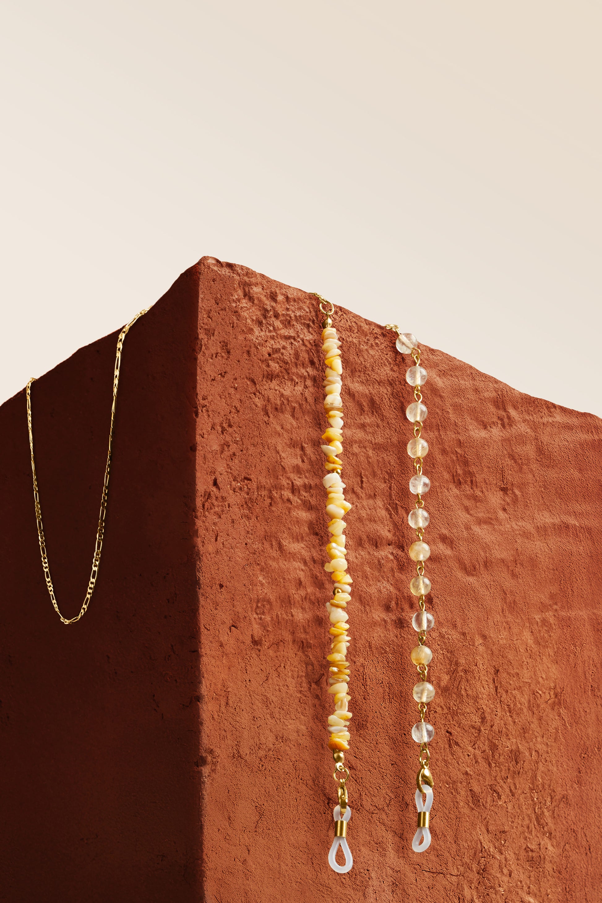 Luxe gold plated glasses chain with gemstone detail, handcrafted for elegant women.