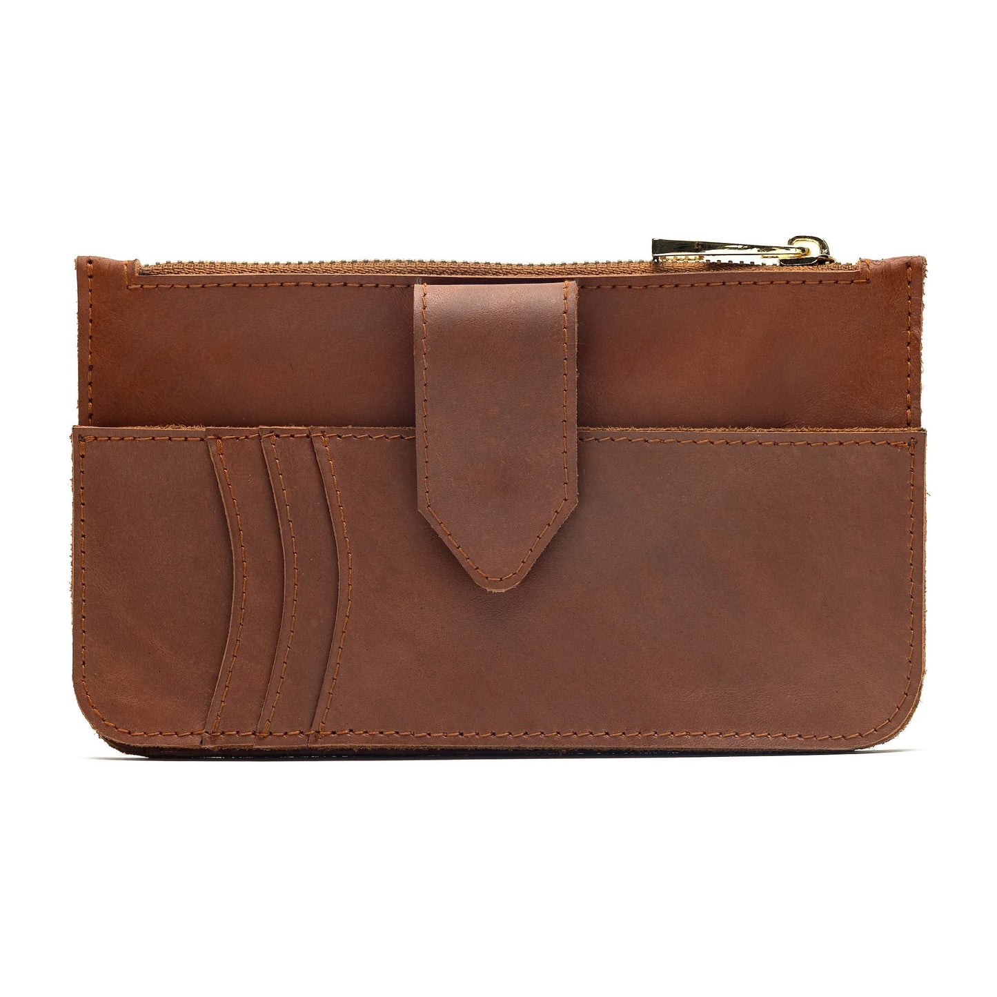 Front card slots and tab closure on the Maison Mata brown leather wallet