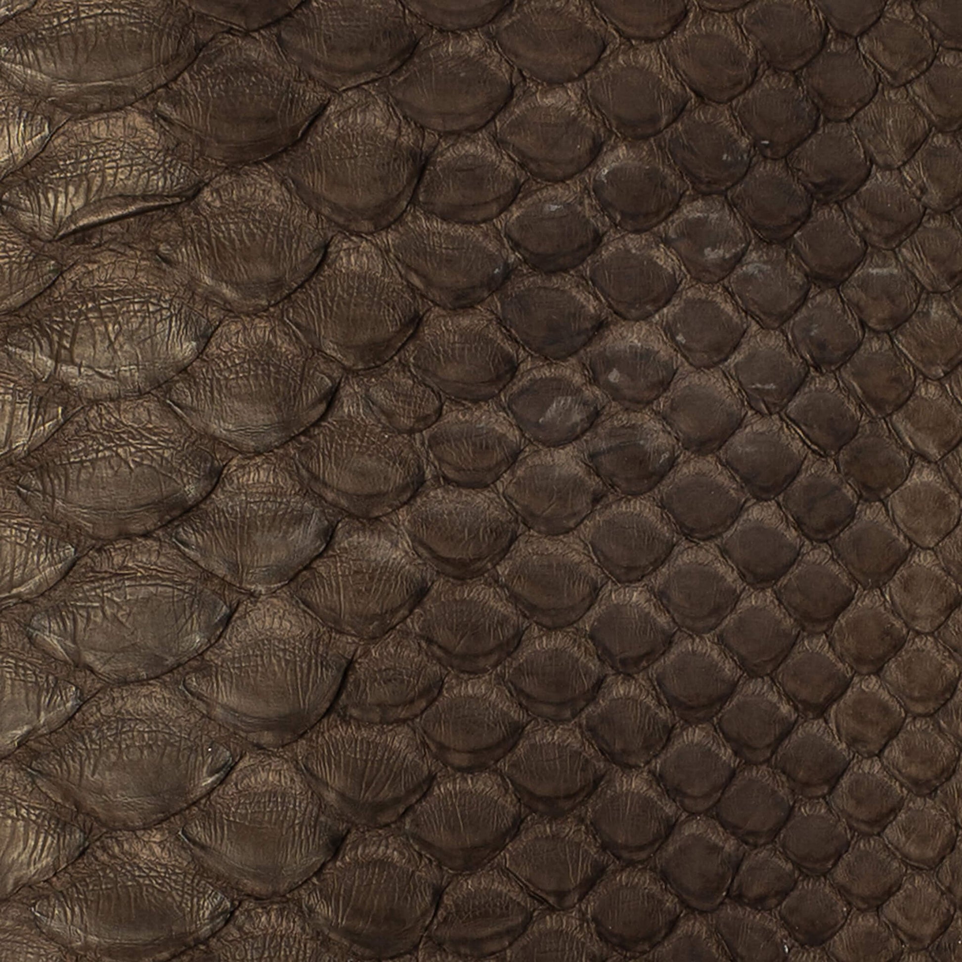 Close-up of the snake-embossed leather on the Maison Mata brown snake softcase