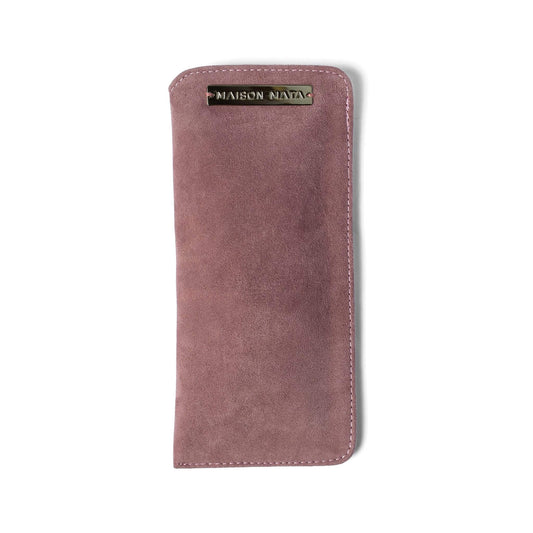Maison Mata Blush softcase in dusty mauve suede, a handmade glasses case from Bali