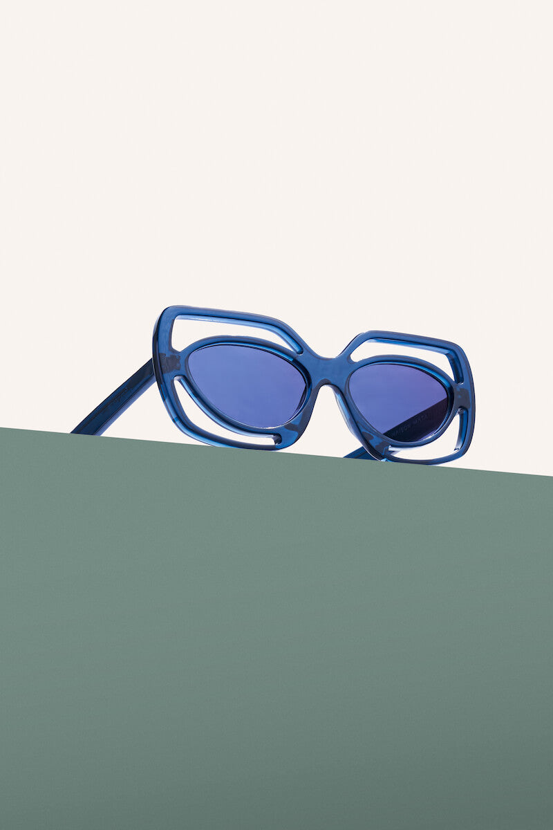 Sunglasses blue acetate handmade cat-eye designed for women and fitted by Maison Mata opticians in Sanur in Bali.