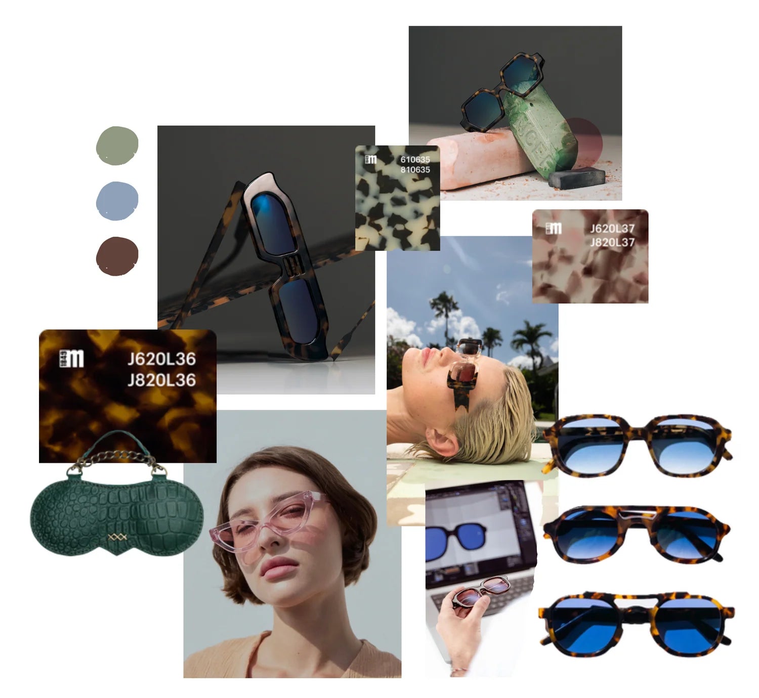 Handmade eyewear mood board with textures, colors and frame design inspiration.