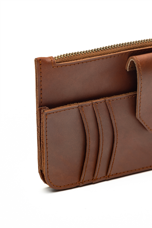 Kerobokan-made dual pocket leather sleeve designed for eyewear and phone protection.