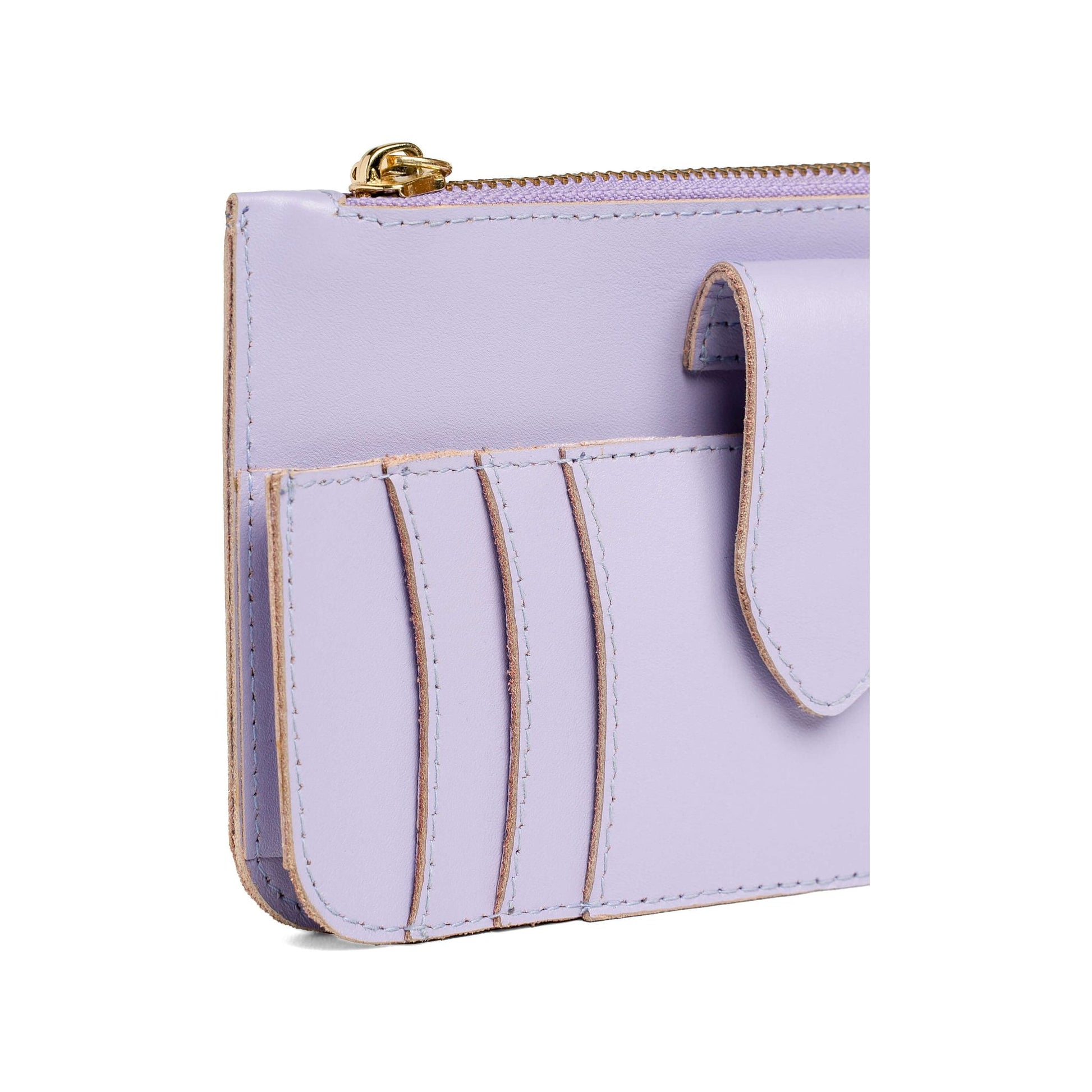 Three-quarter view of the Maison Mata lilac leather wallet showing the zip and card pockets