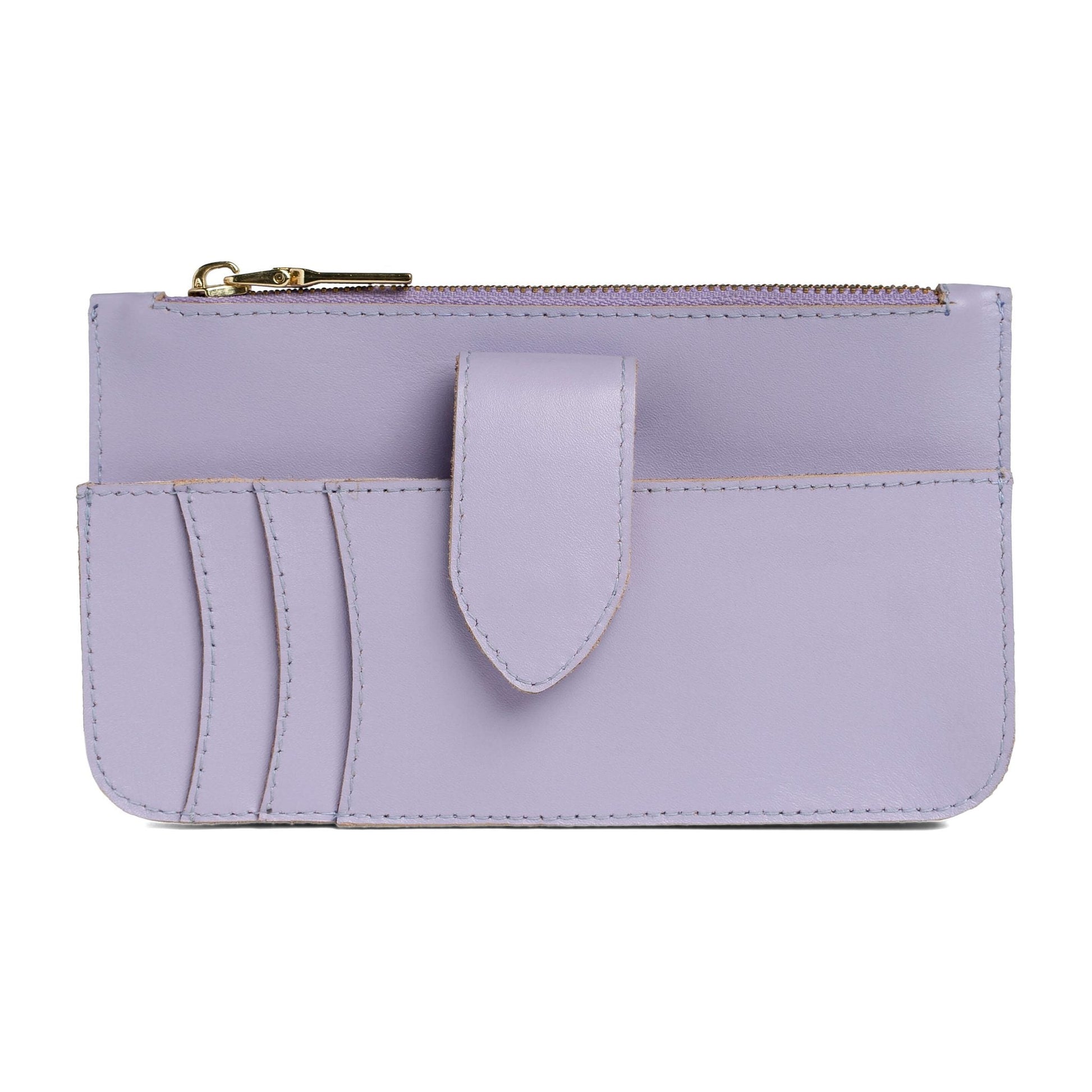 Front card slots and tab closure on the Maison Mata lilac leather wallet