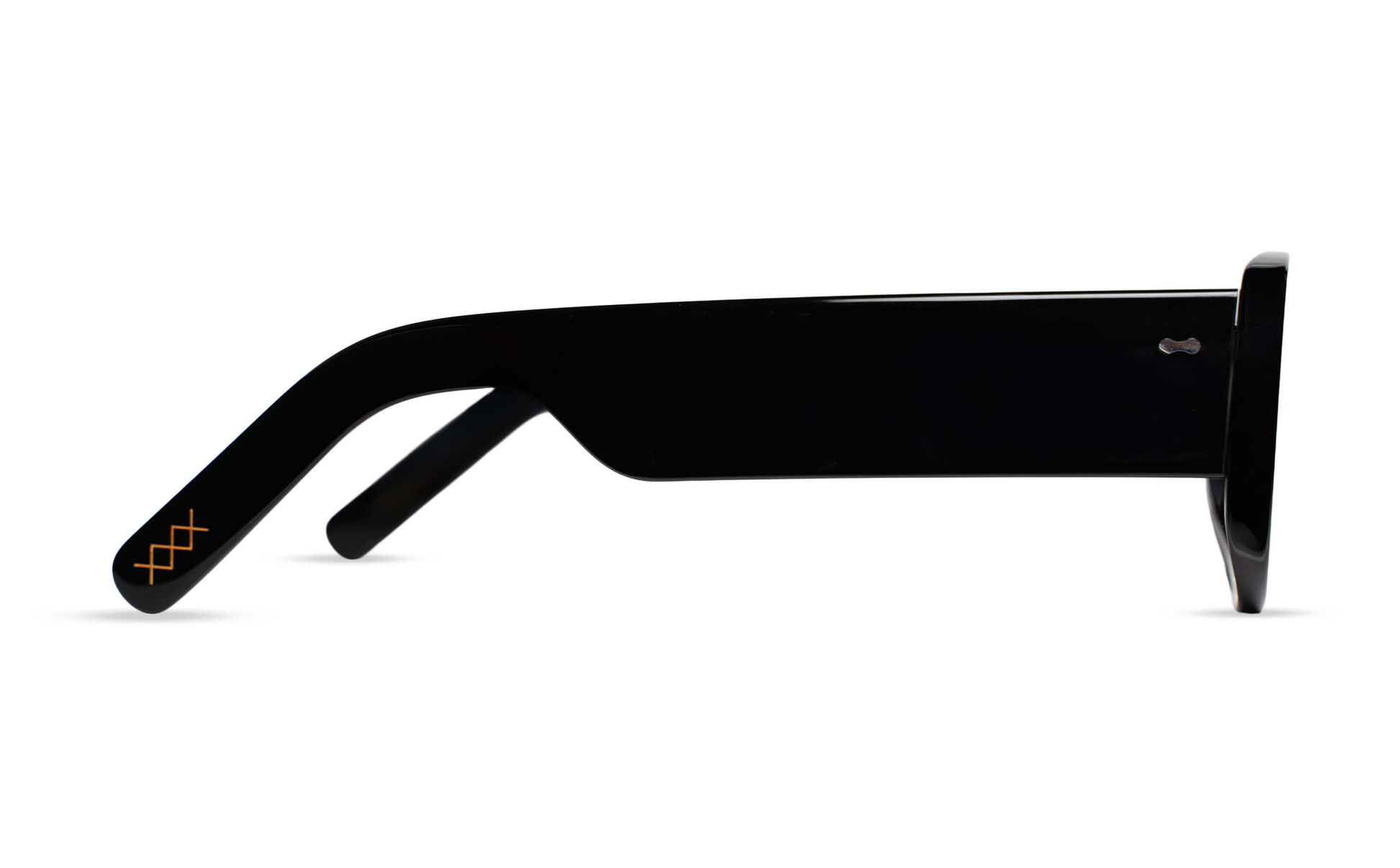 Maison Mata black acetate frame, side temple view with gold logo detail — lunettes acétate noir profil — kacamata asetat hitam samping — gafas negro perfil — Bali optical eyewear