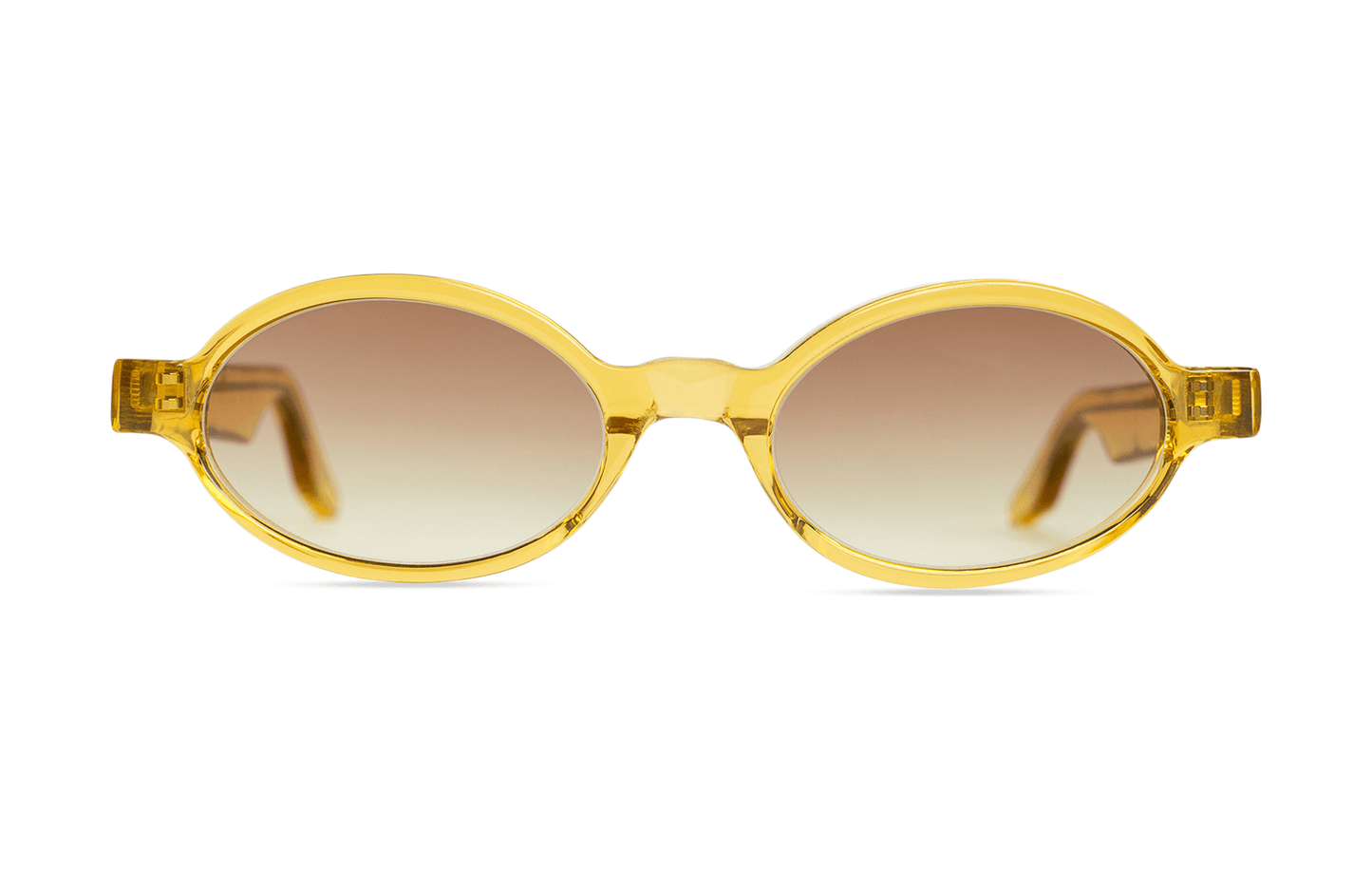 Maison Mata handmade translucent gold acetate oval sunglasses with brown gradient lenses — lunettes de soleil ovales acétate doré translucide verres dégradés bruns — kacamata oval asetat emas bening lensa cokelat — gafas ovaladas doradas — Bali handmade eyewear