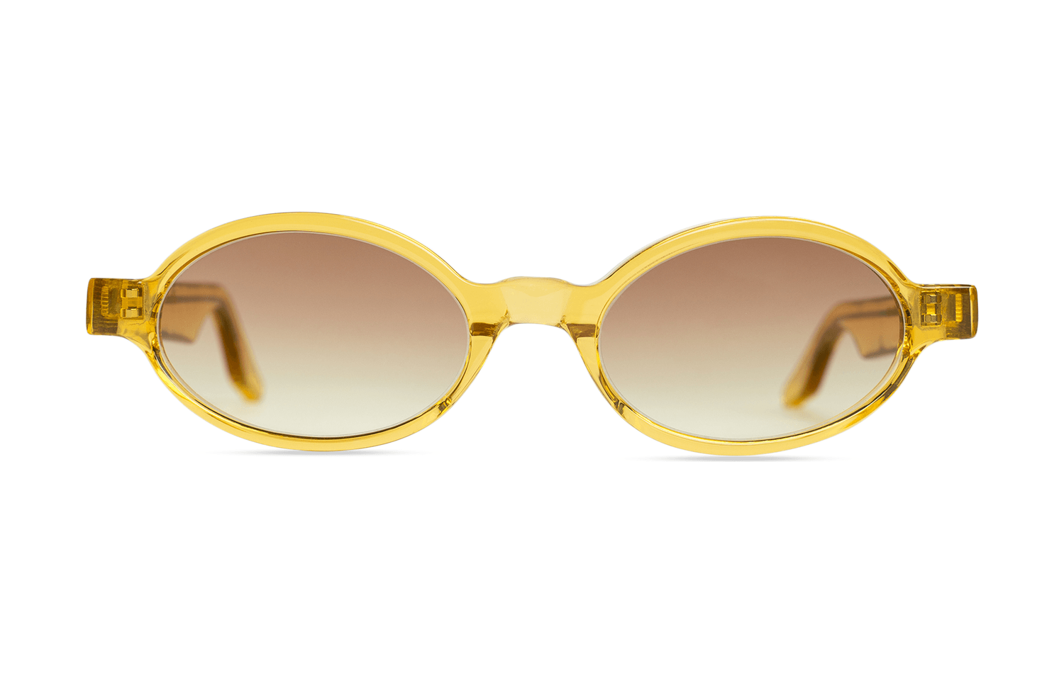 Maison Mata handmade translucent gold acetate oval sunglasses with brown gradient lenses — lunettes de soleil ovales acétate doré translucide verres dégradés bruns — kacamata oval asetat emas bening lensa cokelat — gafas ovaladas doradas — Bali handmade eyewear