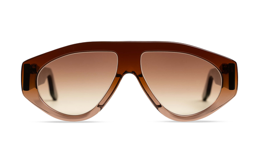 Maison Mata Coca colada handmade translucent brown acetate shield sunglasses, front view with brown gradient lenses